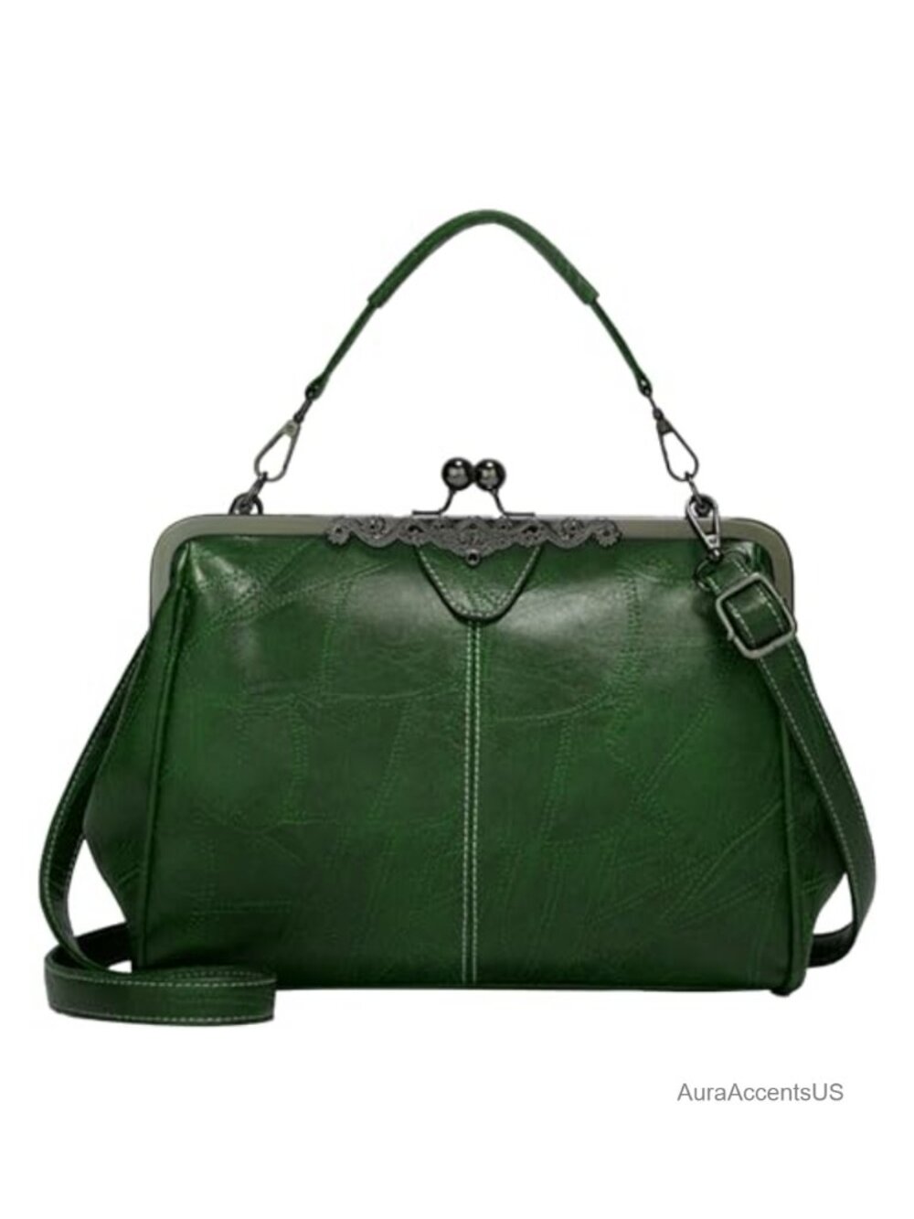 Vintage Kiss Lock Crossbody Satchel Faux Leather Purse